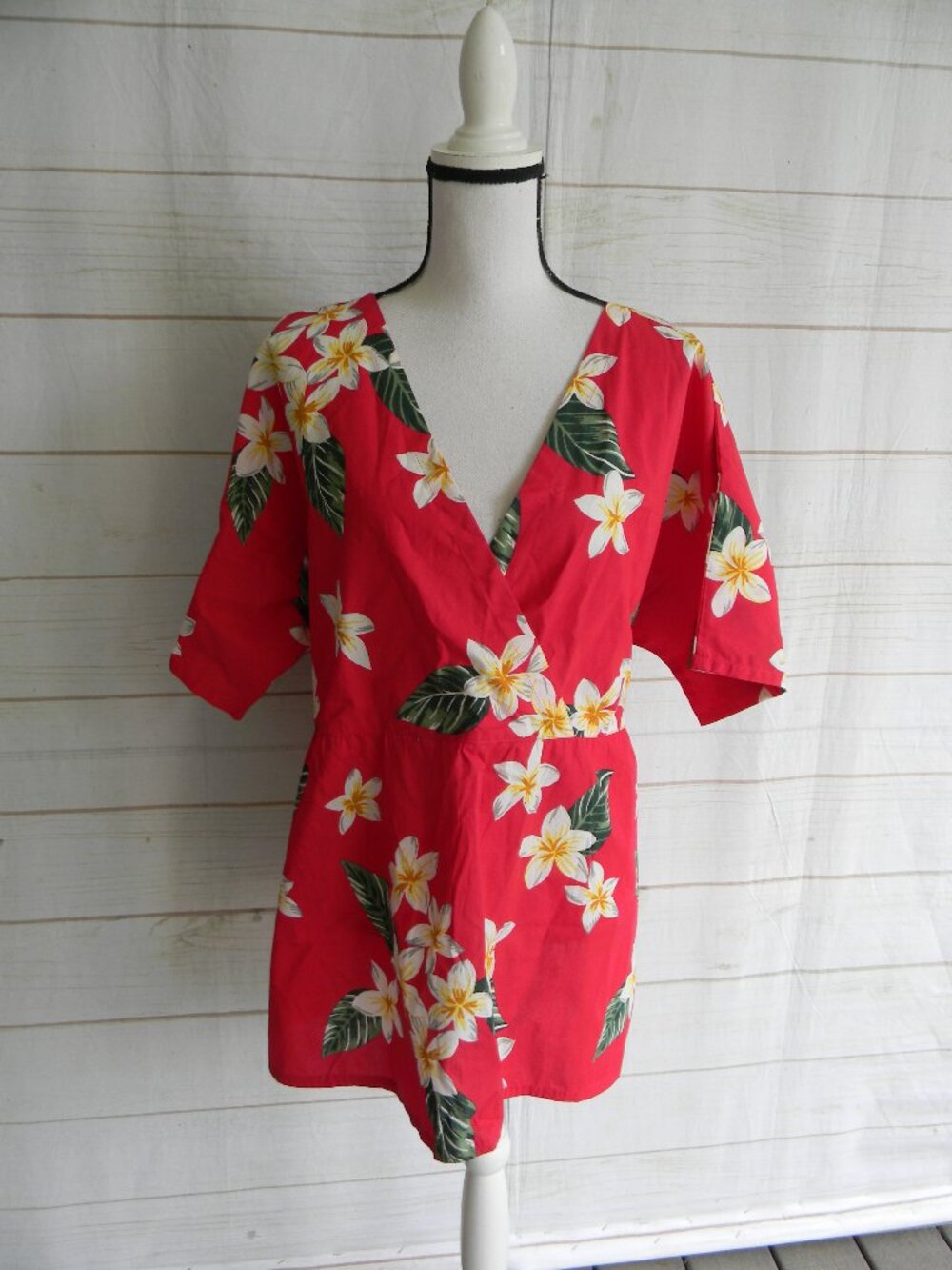 Vermont Country Store Floral Surplice Tunic Top COTTON Plus 2X Red TROPICAL